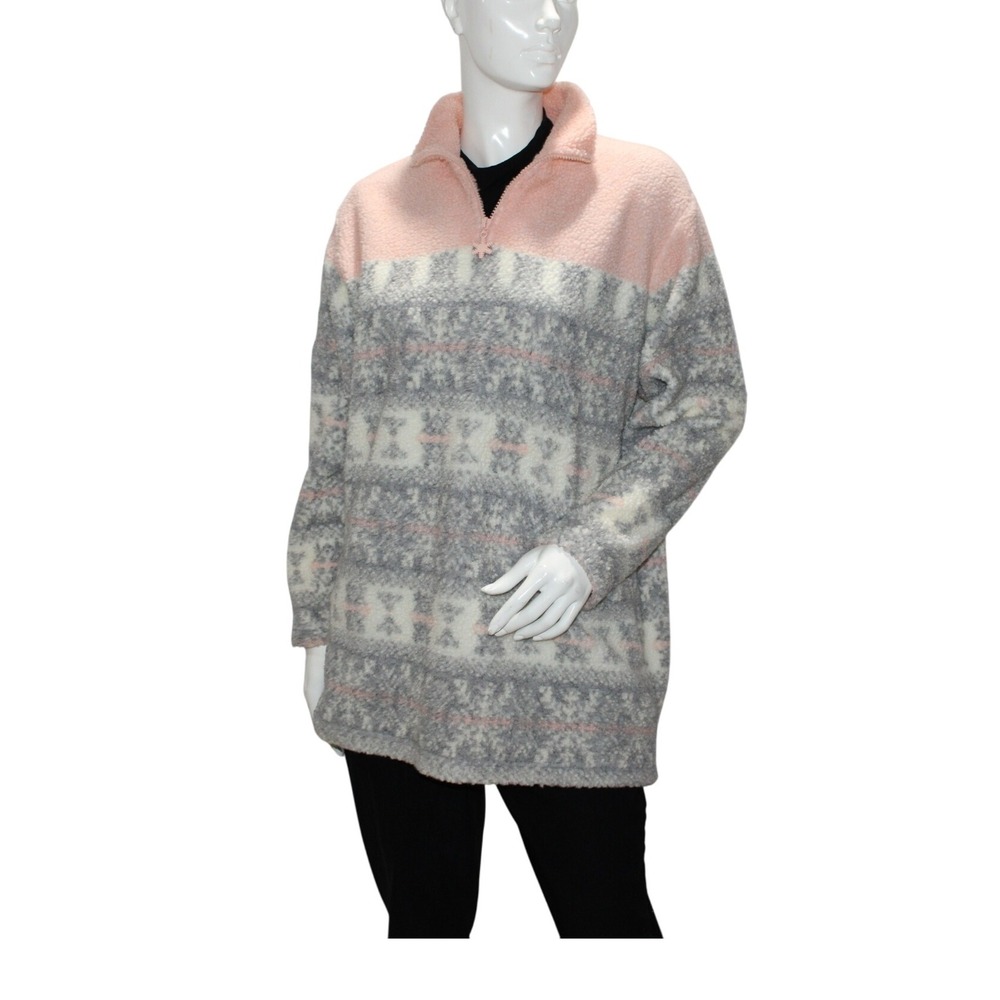 Béchamel Women's Pink Gray Fair Isle Snowflake Fleece Quarter Zip Pullover